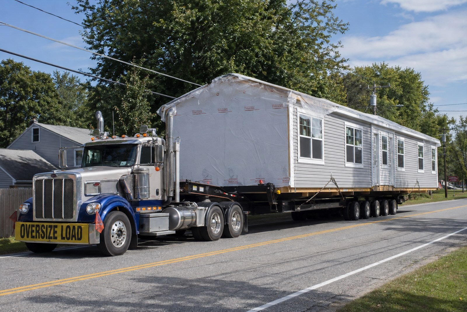 Module delivered on an oversize load trailer